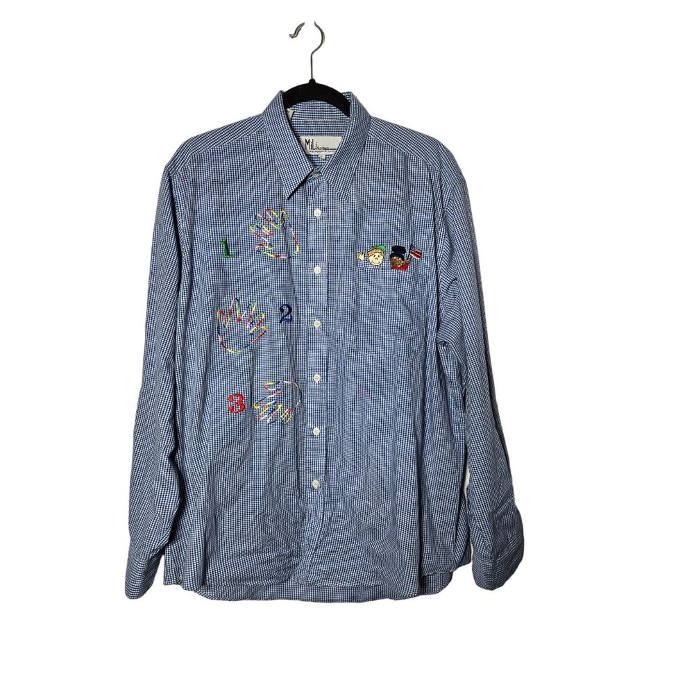 Mili Designs Women Blue Checkered Embroidered Button Up Shirt Size Large Teacher